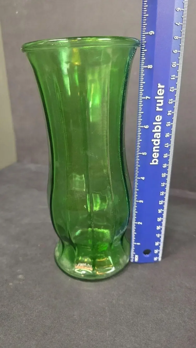 Green Glass Vase Paneled Design Flared Rim Contemporary Decorative Table Decor